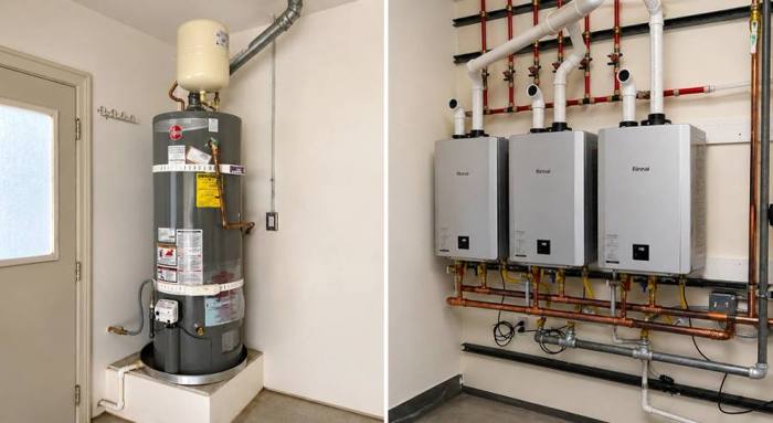 Traditional tank water heater and tankless water heater installation